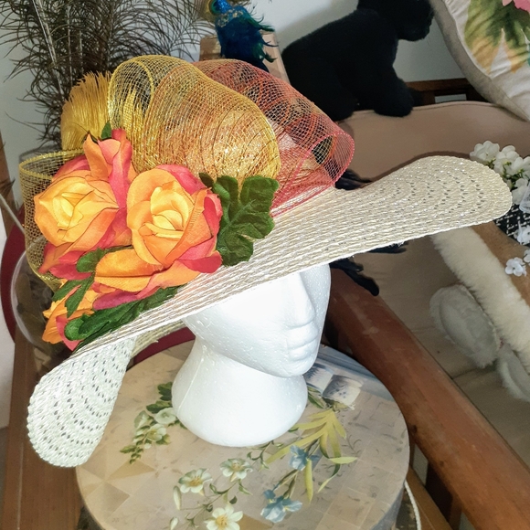 GROOVY GLAM Tropicana Sunset Roses Handmade Original Kentucky Derby Fancy Hat main image 6